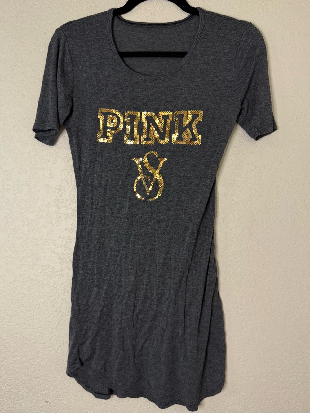 Victoria's Secret PINK Charcoal Short Sleeve Tshirt-Dress with Gold Sequin Logo